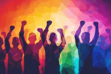 group of people with raised hands supporting each other in the fight against social injustice silhouette illustration with vibrant colorful background