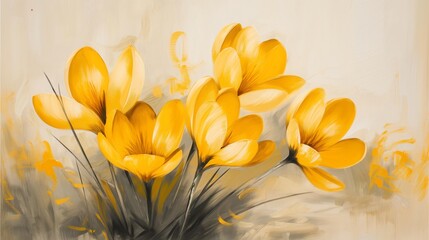 Obraz premium The oil painting of yellow crocuses with a grassy background in muted colors.