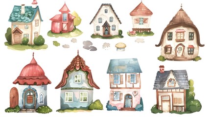 Charming Watercolor of Whimsical Cottages and Fairytale Homes in Idyllic Landscapes