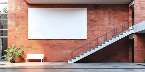White blank empty billboard advertising poster mockup on red brick wall in modern city building