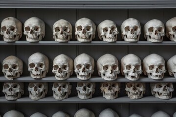 haunting display of human skulls meticulously arranged on a stark gray shelf concept illustration