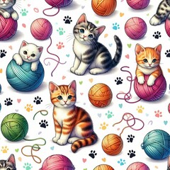 A seamless pattern of cats and balls of yarn image harmony has illustrative meaning card design illustrator.