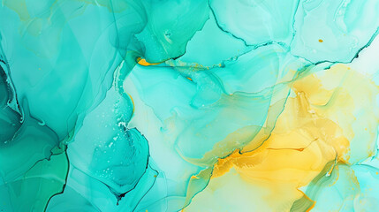 Vibrant turquoise and dusty yellow alcohol ink art with a modern abstract oil paint texture. - obrazy, fototapety, plakaty