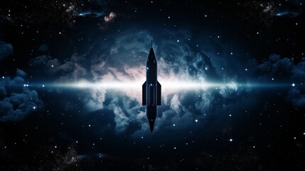 Spaceship flies into a wormhole in deep space. - obrazy, fototapety, plakaty