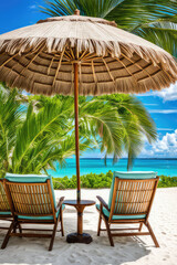 Chairs And Umbrella In Palm Beach Tropical Holiday Banner - obrazy, fototapety, plakaty