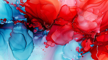 Vivid red and cool blue abstract painting, rich in alcohol ink and oil paint details. - obrazy, fototapety, plakaty