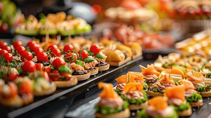 Buffet assortment of canapes. Delicious appetizers, catering food. - Powered by Adobe