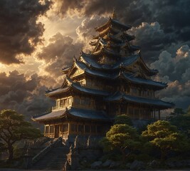 a japanese buddhist temple, a fantasy digital painting - obrazy, fototapety, plakaty