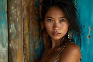 Portrait of a young asian woman against a colorful, rustic backdrop, looking intently at the camera