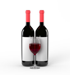 Red wine bottles with glass on white