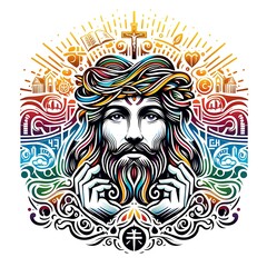 Obraz premium A colorful art of a jesus christ with his hands on his face photo has illustrative meaning used for printing illustrator.