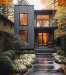 A modern home with dark grey paneling, featuring an entrance door framed in wood and glass - obrazy, fototapety, plakaty