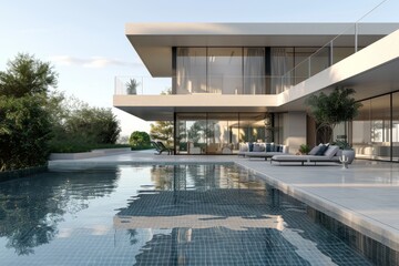 Fototapeta premium Property Exterior, Modern House with Glass Facade and Swimming Pool