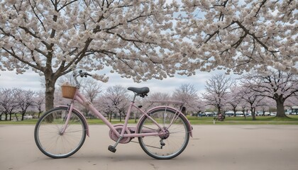Fototapeta premium Spring Serenity: Bicycle and Cherry Blossoms, Hand Edited Generative AI