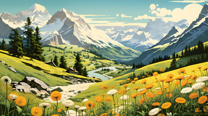 Retro romantic mountains abstract background decorative painting
 - obrazy, fototapety, plakaty