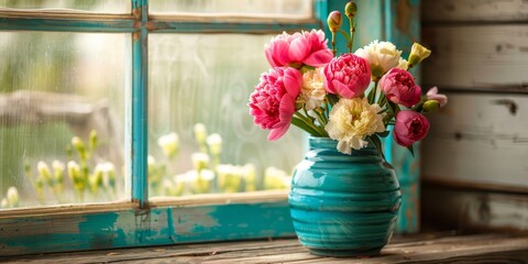 A bouquet of peony and carnation flowers, placed in a turquoise ceramic vase, on a wooden surface,...