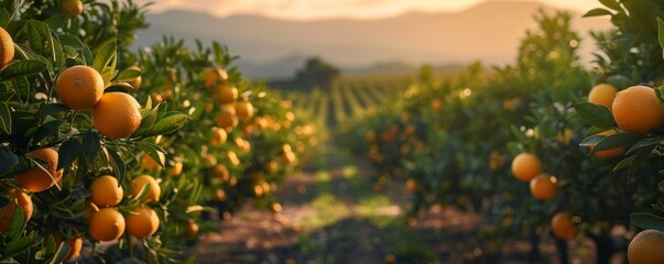 A citrus grove, with rows of orange and lemon trees stretching into the distance