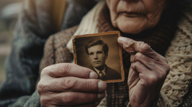 old person holding an old photo of a man