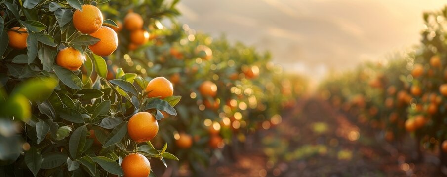 A citrus grove, with rows of orange and lemon trees stretching into the distance