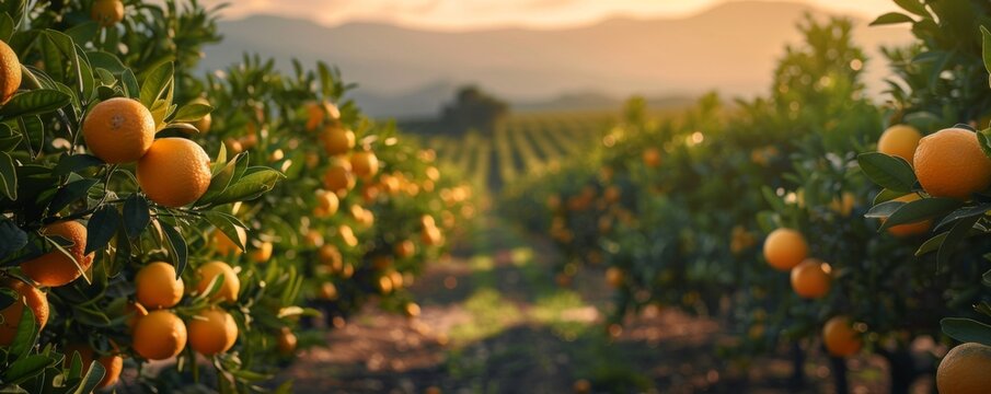 A citrus grove, with rows of orange and lemon trees stretching into the distance