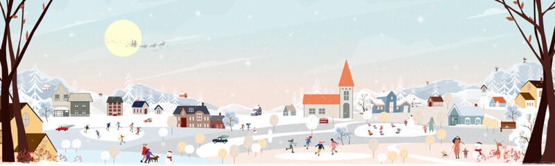 Christmas background,Winter Landscape in Christmas eve at night in City,Vector cute cartoon Winter Wonderland in the town,People celebration in the park on New Year 2025 Design for Holiday season