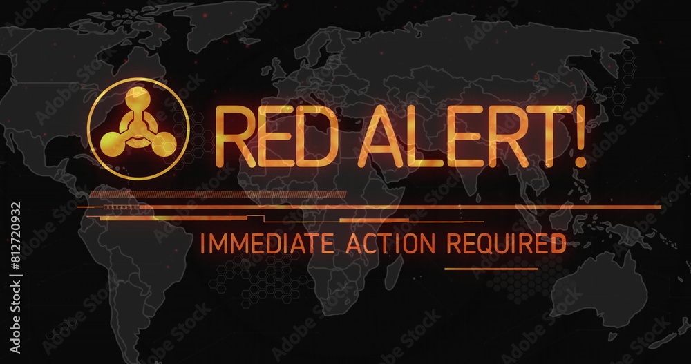 Poster image of abstract warning symbol, red alert immediate action required text over map