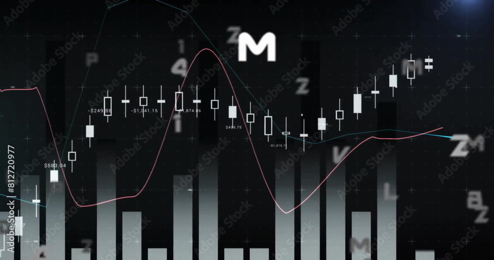 Poster image of changing numbers and letters with graph over black background