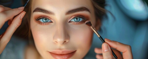 A makeup artist is applying eyeshadow on a young beautiful woman