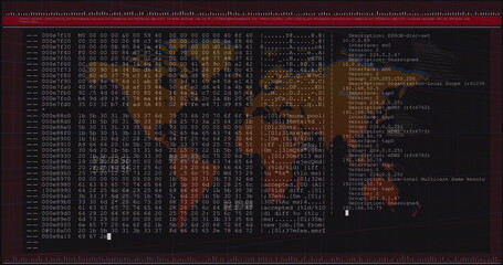 Image of numbers and computer language in terminal interface over map against black background