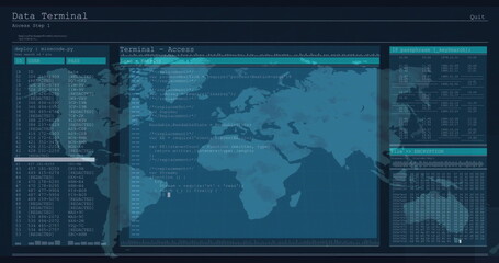 Image of computer language in terminal interface and map over black background