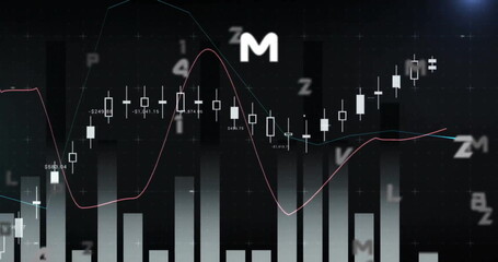 Image of changing numbers and letters with graph over black background