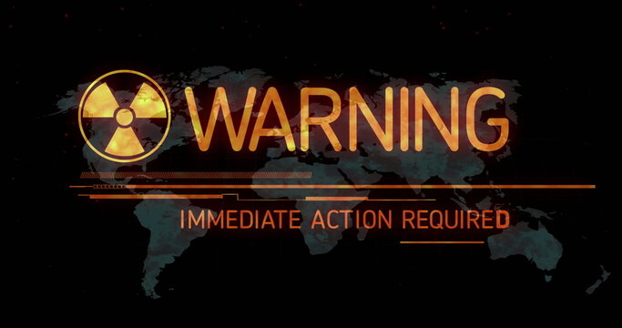 Image radiation warning symbol, warning immediate action required text over map - Powered by Adobe