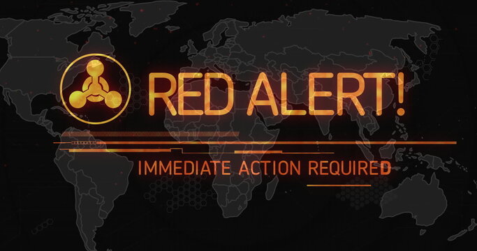 Image of abstract warning symbol, red alert immediate action required text over map