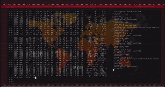 Image of numbers and computer language in terminal interface over map against black background - Powered by Adobe