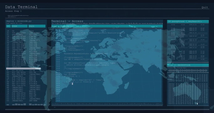 Image of computer language in terminal interface and map over black background - Powered by Adobe