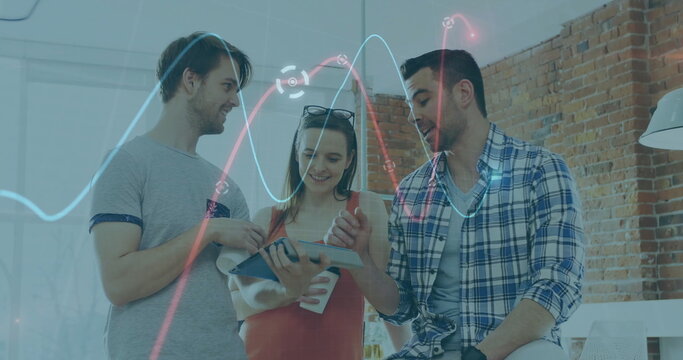 Image of graphs over caucasian friends with coffee cups discussing and looking in digital tablet - Powered by Adobe