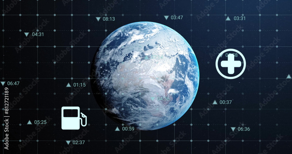 Poster image of multiple icons and changing numbers over globe against black background