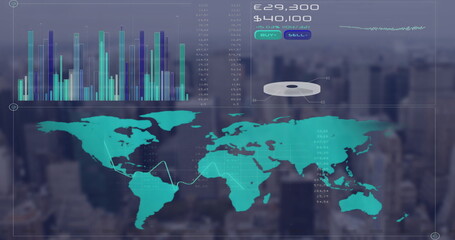 Image of graphs, map, changing numbers, currency symbols over modern cityscape