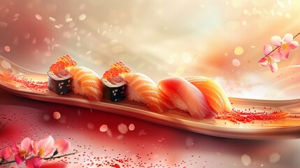 Elegant and luxurious sushi, fine dining Japanese style, artistically decorated on a soft, charming background - obrazy, fototapety, plakaty