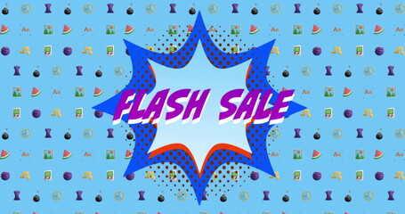 Image of flash sale text over retro vibrant pattern background