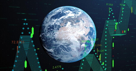 Image of multiple graphs with changing numbers and globe against black background