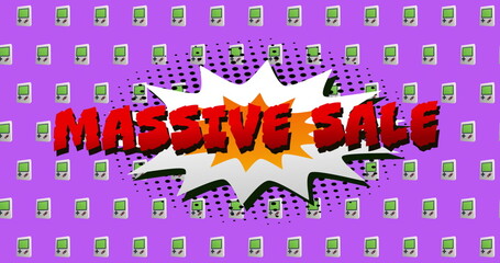 Image of massive sale text over retro vibrant pattern background
