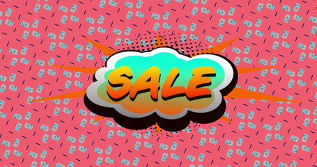 Image of sale text over retro vibrant pattern background