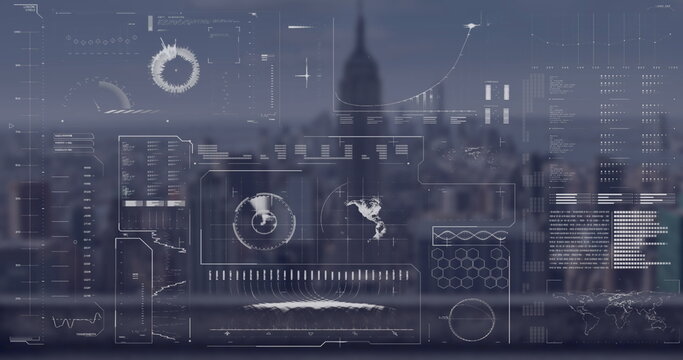 Image of globe, radar, loading bars and circles over modern cityscape against sky