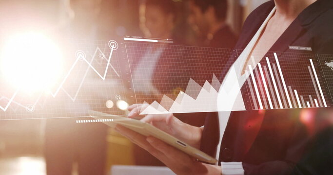 Image of infographic interface, diverse business people using digital tablet against lens flare