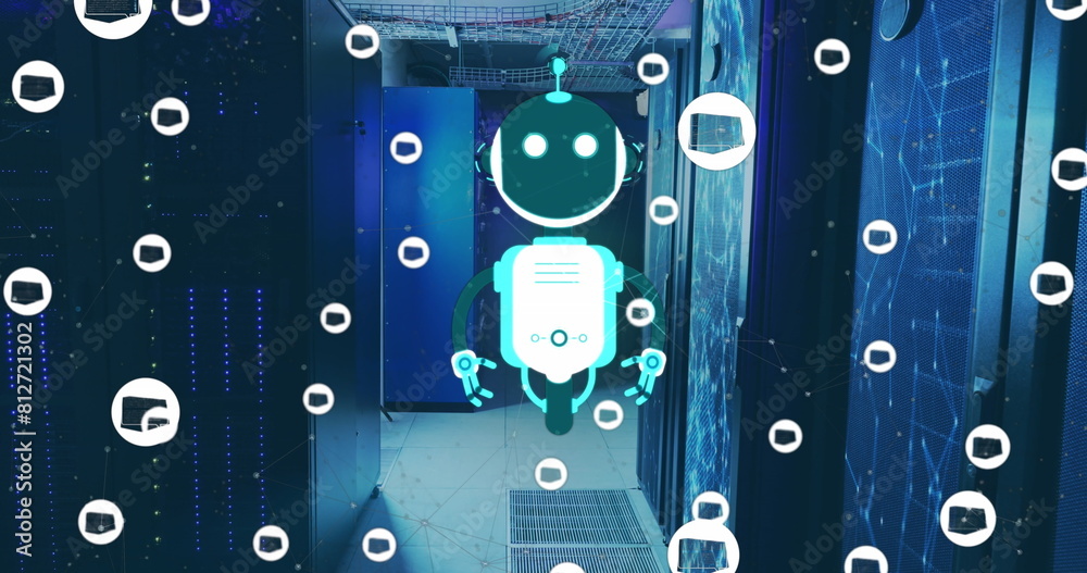 Poster image of ai chat bot and icons over computer server background