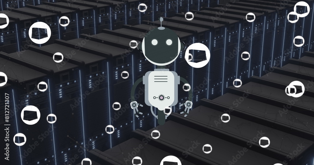 Poster image of ai chat bot and icons over computer server background