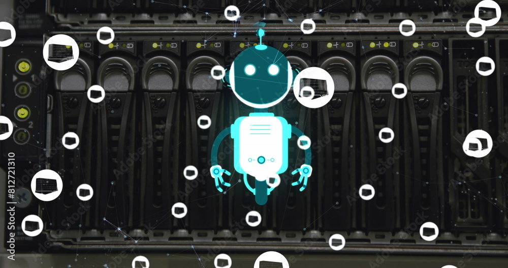 Poster image of ai chat bot and icons over computer server background