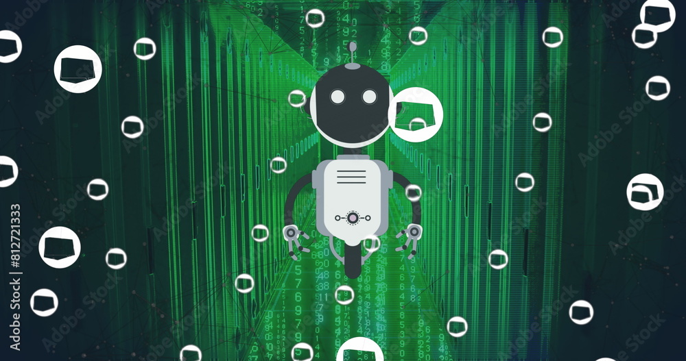 Poster image of ai chat bot and icons over computer server background