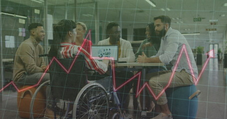 Image of financial data processing over diverse business people in office